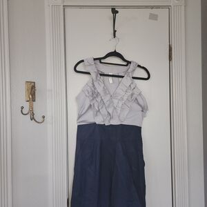 Two-Tone Ruffled Halter Formal Dress in Light Gray and Navy